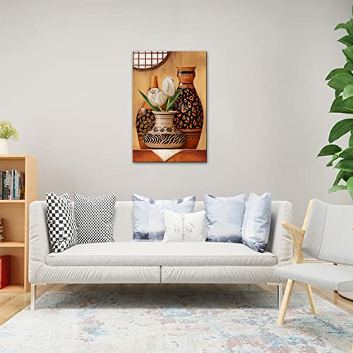Conipit Still Life Canvas African Vase Wall Art Vertical Brown Painting Tribal Vase Picture Tulip In Retro Vase Artwork Prints For Bedroom Living Room Kitchen Framed 24"X36" #TOP7