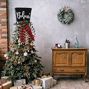 Christmas Tree Topper Hat, Black Velvet Bowler Derby Hat Topper with Long Plaid Ribbon Ornament, Christmas Snowman Topper Hat for Home Holiday Tree Decoration (Christmas Tree Topper Hat (10 x 8 Inch)) Christmas Tree Topper Hat Black Velvet Bowler Derby Hat Topper with Long Plaid Ribbon Ornament Christmas Snowman Topper Hat for Home Holiday Tree Decoration Christmas Tree Topper Hat 10 x 8 Inch