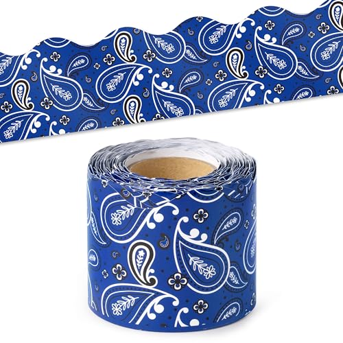 Image of BeYumi Cowboy Bandana Border Trim - 65ft Back to School Western Themed Blue Bandana Scalloped Rolled Border Trim Wild West Themed Bulletin Board Set Classroom Office Chalkboard Wall Party Decoration