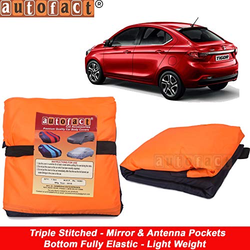 Image of Autofact Car Body Cover for Tata Tigor with Mirror and Antenna Pocket (Light Weight, Triple Stitched, Heavy Buckle, Bottom Fully Elastic, Orange Stripes with Navy Blue Color)
