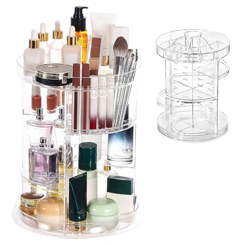 YFFSFDC メイクボックス コスメ収納 化粧品収納ボックス 360回転式 小物入れ 大容量 高さ調節可能 アクセサリーケース アクリル 仕切り おしゃれ メイク道具 口紅 香水 化粧水 ジュエリーボックス プレゼント 卓上収納 おしゃれ クリア
