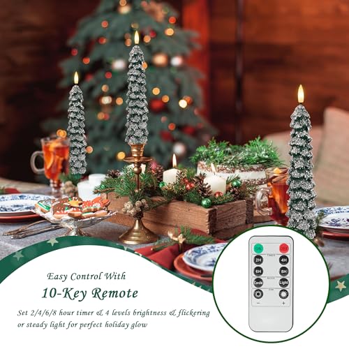 Image of Christmas Tree Candles with Snow, 9.6 inch Green Real Wax Flameless Taper Candles with Remote, Flickering Xmas Candlesticks for Home, Party Decor, 4 Pack