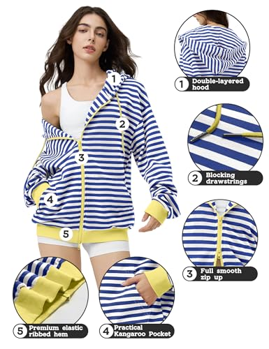 FAIABLE Striped Zip Up Hoodie Women Oversized Sweatshirt Hoodies Zipper Sweaters Pullover Cotton Vintage Preppy Shirt Outfits