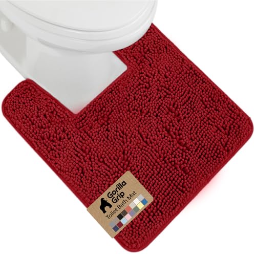 Image of Gorilla Grip Plush Absorbent Shaggy Chenille Bath Rug Mat for Toilet Base with Rubber Backing, Machine Washable, Microfiber Bathroom Contour Mats for Toilets, Bath Room Decor, Square, 22.5x19.5, Red