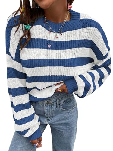 Image of SOLY HUX Women's Color Block Striped Knit Tops Casual Long Sleeve Drop Shoulder Sweater Pullovers