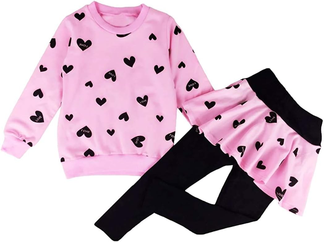 Little Girls Valentines Outfit Heart Print Sweatshirt Top Long Pantskirts 2pcs Baby Pant Set for Toddlers Kids