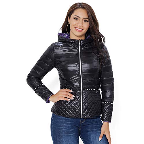 Womens Hooded Puffer Jacket Reversible Water-Resistant Lightweight Quilted Packable Winter Coat (Black/Purple, Medium)
