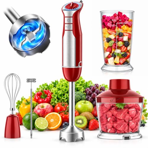 5-in-1 Immersion Blender Handheld 1000W, 6-Speed Hand Mixer, Red