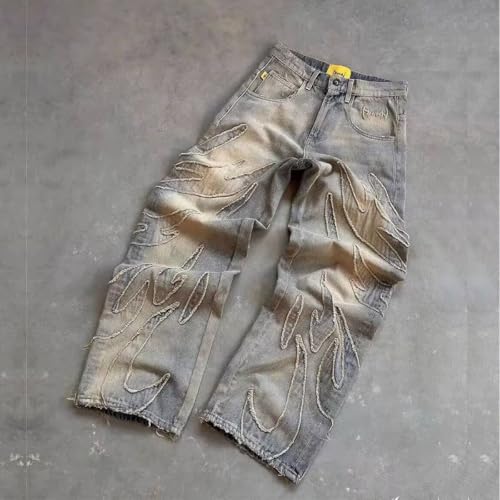 Y2K Men's Street Retro Hip-hop Flame Splicing Wide Leg Gothic Loose Jeans4