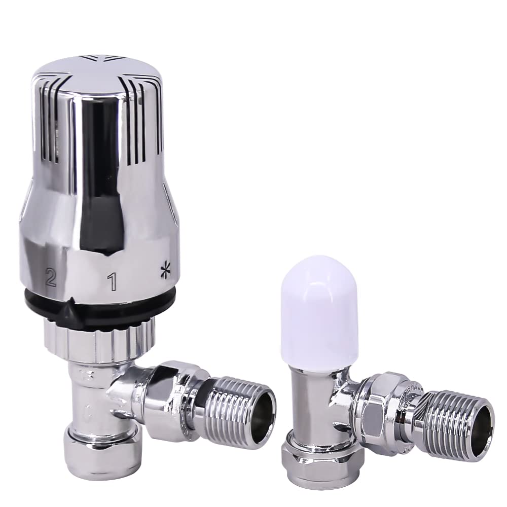 NRG 15mm Chrome TRV Thermostatic Radiator Valve + Lockshield Angled Valves