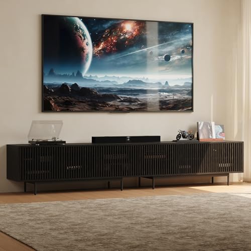 POVISON Mid-Century Modern TV Stand with Slatted Doors, Fully Assembled 118.11" Wood Media Console, TV Console with Tall-cast Metal Legs, Entertainment Center with Storage for Living Room