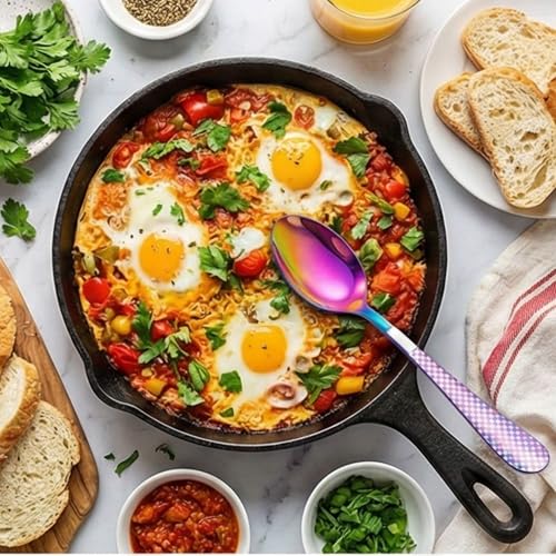 Image of Dinner Spoon Set of 5 ? 8.1 inch Rainbow Finish Tablespoons with Checks Printed Handle, Durable Stainless Steel & Dishwasher Safe Silverware for Home, Restaurant, and Gifting