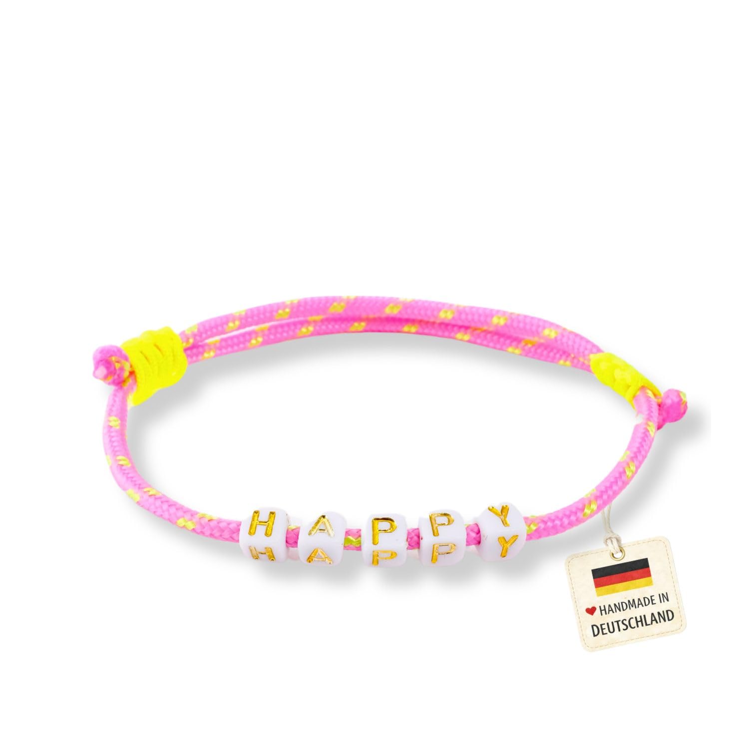 happymaker - Segeltau Armband Damen, Surfer Armband Damen und Männer mit Buchstaben Perlen - Happy- zwei Schiebeknoten in gelb neon, größenverstellbar, wasserfest und handmade