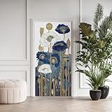 Coquelicot Bleu Foncé Doré Blanc Poster de Porte 3D Trompe L'oeil, Floral Art Auto Adhésif Sticker Porte pour Chambre Cuisine, Fleur Moderne Élégante Stickers Autocollants de Porte 73x205 cm
