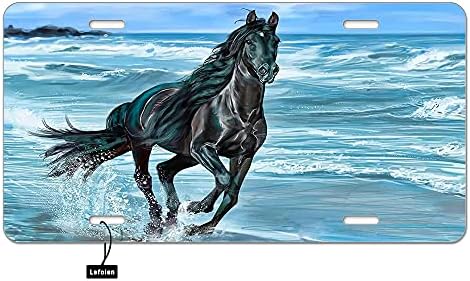 Lefolen Black Horse Running On Beach Front License Plate Covers Animal Mammal Through Sea Water On Sand Bay Decorative Car Metal Plates Vanity Tag Aluminum Novelty License Plate 6 X 12 Inch