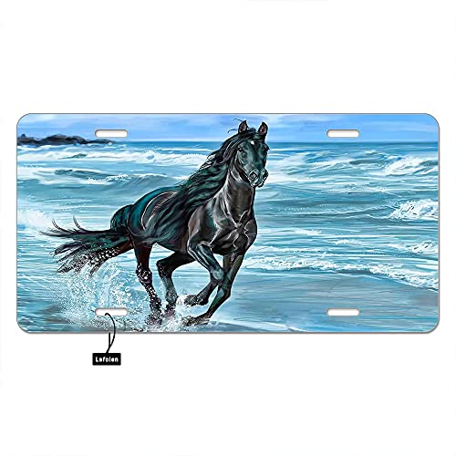 Lefolen Black Horse Running On Beach Front License Plate Covers Animal Mammal Through Sea Water On Sand Bay Decorative Car Metal Plates Vanity Tag Aluminum Novelty License Plate 6 X 12 Inch #TOP1