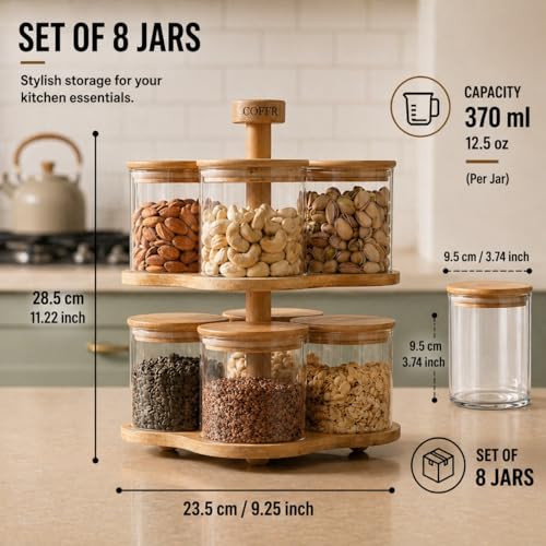 Image of Rotating 2-Tier Borosilicate Glass Spice Jar Set of 8 | 370ml Each | Airtight Lids | Revolving Stand | Masala Storage for Indian Kitchen | Lead-Free