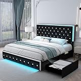 SIBEDS Queen LED Bed Frame with 2 Drawers, Storage Platform Beds with Upholstered Crystal Button Tufted Headboard Footboard, 2 Side Pockets, No Box Spring Needed, PU Black