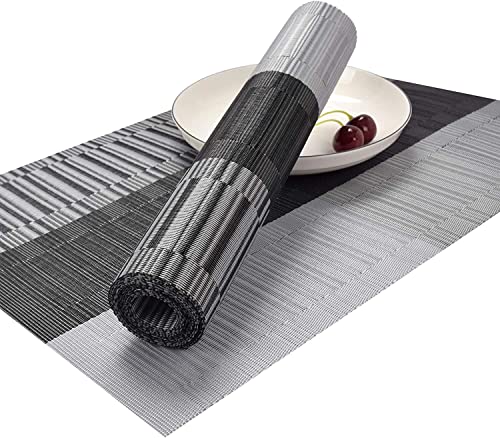 Famibay Table Runner And Placemats Set Vinyl Dining Table Runner 70.8X12 Long Cross-Weave Easy To Clean Table Runners Indoor Outdoor Waterproof Table Runner(1 Table Runner With 4 Mats, Black+Gray) #TOP4