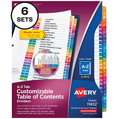 Avery A-Z Tab Dividers for 3 Ring Binders, Customizable Table of Contents, Multicolor Tabs, 6 Sets (11832)