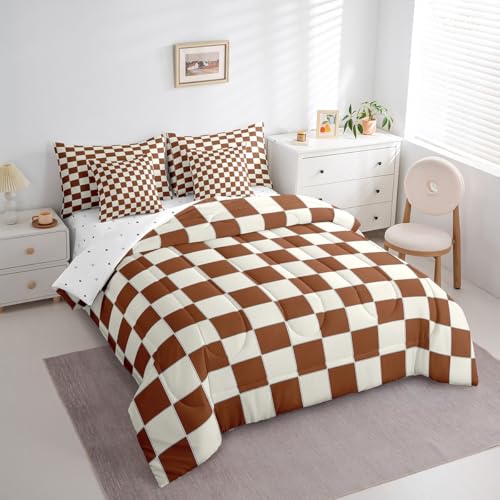 Image of Erosebridal Plaid Full Comforter Set 7 Piece Beige Caramel Brown Checkerboard Bed in A Bag with Sheets Geometric Checkered Bedding Set for Kids Boys Girls,Aesthetic Grid Bed Set