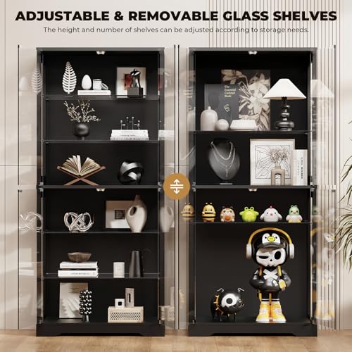Brottar 6 Tier Display Cabinet With Glass Door, 71" Display Case With 3 Color Lights, Bookcase Storage Cabinets With Adjustable Glass Shelves, Curio Cabinet With Human Body Sensor, Black - 3