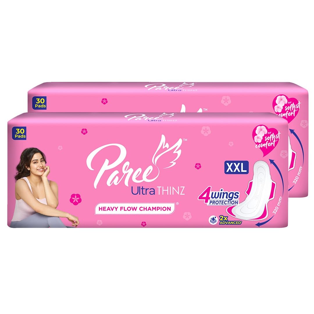 Paree Ultra Thinz XXL 60 Soft Pads (Combo Pack)|2X Advanced Absorption|Soft & Rash-Free Comfort|4 Wings for Extra Coverage|Heavy Flow Champion Sanitary Pads for Women|Disposable Wrapper