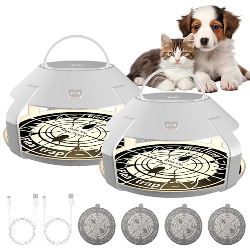 HIULLEN Trampa para Pulgas, 2PCS Lámpara Antipulgas, Trampa Antipulgas con 5 Discos Adhesivo, Trampa Mata Pulgas Hogar para Dormitorio, Salón, Lavadero, Cocina