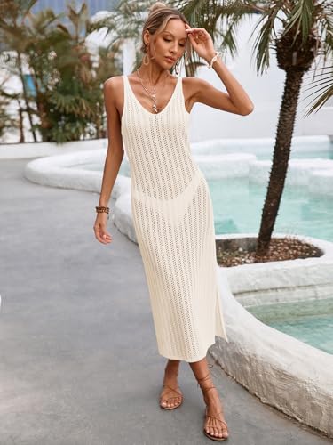Womens Crochet Knit Sheer Beach Dresses Summer 2025 Backless V Neck Side Slit Bathing Suit Cover Up Midi Dress4