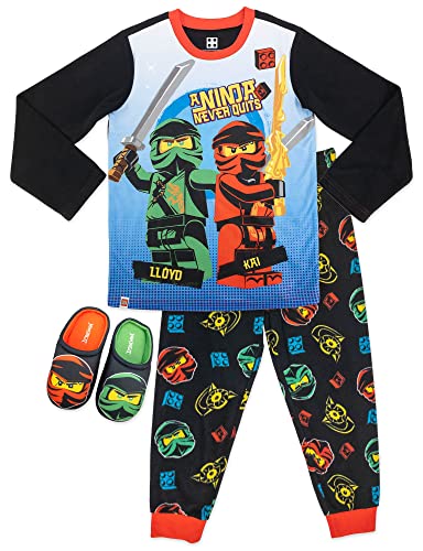 LEGO Ninjago Boys Pajama Set, Kai & Lloyd with Matching Cozeez Slippers, Black, Size