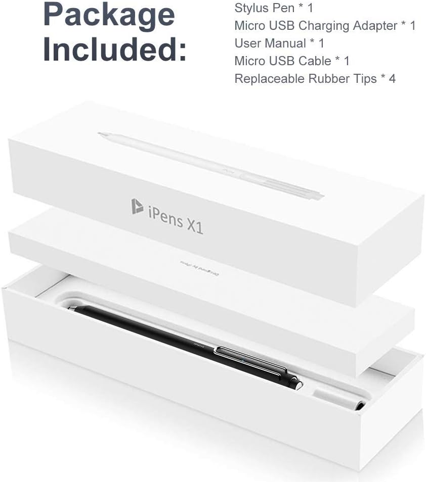 Stylus Pen for Apple iPad, XIRON Active Capacitive Rechargeable iPad Pencil Stylus Digital Pen iPens with 4pcs 2mm Replaceable Fine Point Rubber Tips for Apple iPad/iPad Pro/iPhone (iPens X1)