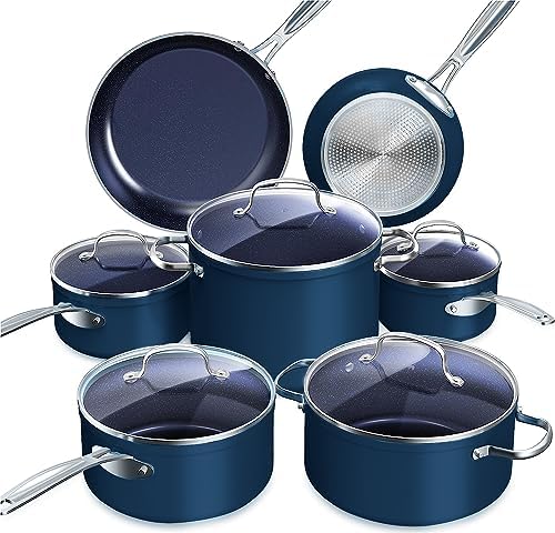 Nuwave Healthy Duralon Blue Ceramic Nonstick Cookware Set, Diamond Infused Scratch-Resistant, PFAS Free, Dishwasher & Oven Safe, Induction Ready & Evenly Heats, Tempered Glass Lids & Stay-Cool Handles