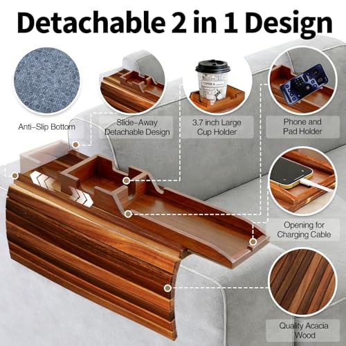 Image of FUNKYLEE Acacia Wood Couch Armrest Table, Couch Arm Tray with Removable Couch Cup Holder, 2 in 1 Design Foldable Anti-Slip Acacia Wood Sofa Arm Tray for Remote Controls, Phones, Cups and Snacks
