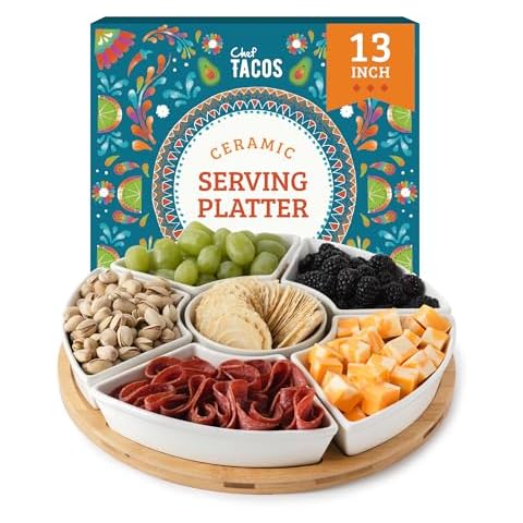 Chef Tacos Ceramic Taco Serving Platter - Divided Serving Tray for Taco Tuesday Lazy Susan Taco Bar - Chip and Dip Serving Set for Party - Appetizer Serving Tray for Salsa, Snacks – Taco Tray 13" Cover