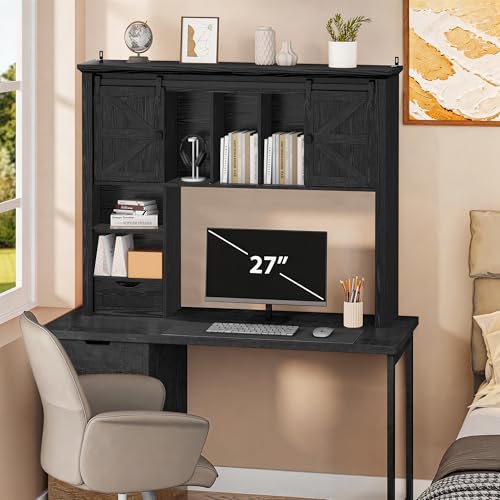 Image of Large Desktop Bookshelf with Sliding Barn Door, 47.2''W Desk Shelf Display Rack, Desktop Organizer Storage Rack with 7 Cubbies and Drawer, Home, Desk Shelf for Office, Dorm, Vanity, Black