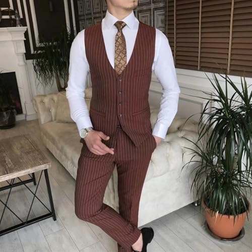 Formal Stripe Suits for Men 3 Piece Slim Fit Single Breasted Pinstripe Blazer Vest Pants Set for Wedding Prom Business4
