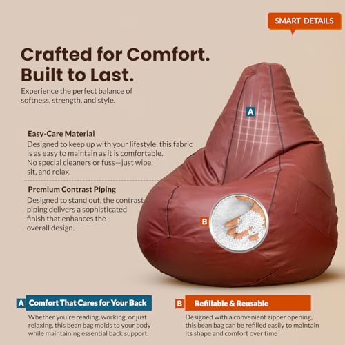 Image of Sattva Classic Piping XXXL Bean Bag with Pocket Filled with Beans | Faux Leather Teardrop Bean Bag for Adults & Teens | Pre-Filled Comfortable Seating for Bedroom, Living Room - Tan with Black Piping