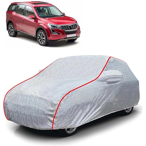 Image of Sulfar 100% Waterproof Car Body Cover Compatible with Mirror for Mahindra XUV 500 (Triple Stitched, Full Bottom Elastic, Magic Silver with Red Piping)