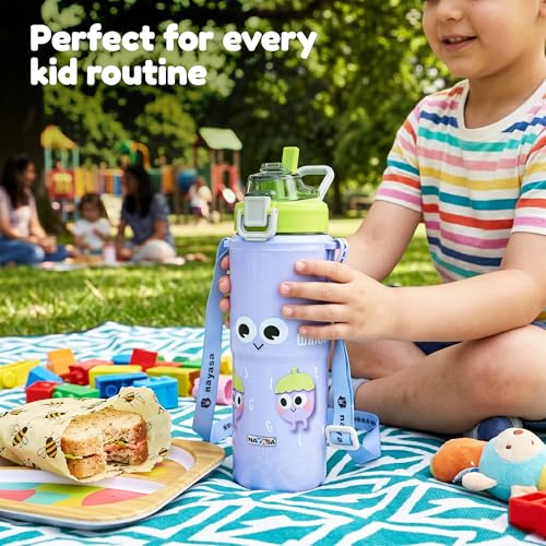 Image of Nayasa Kiddy Duo-Sip Kids Insulated Inner Steel Water Bottle 700-635 ml | Dual Drinking Mode | BPA-Free & Food Grade | Brinjal Print | With Strap, Handle & Neck Band | Lavender