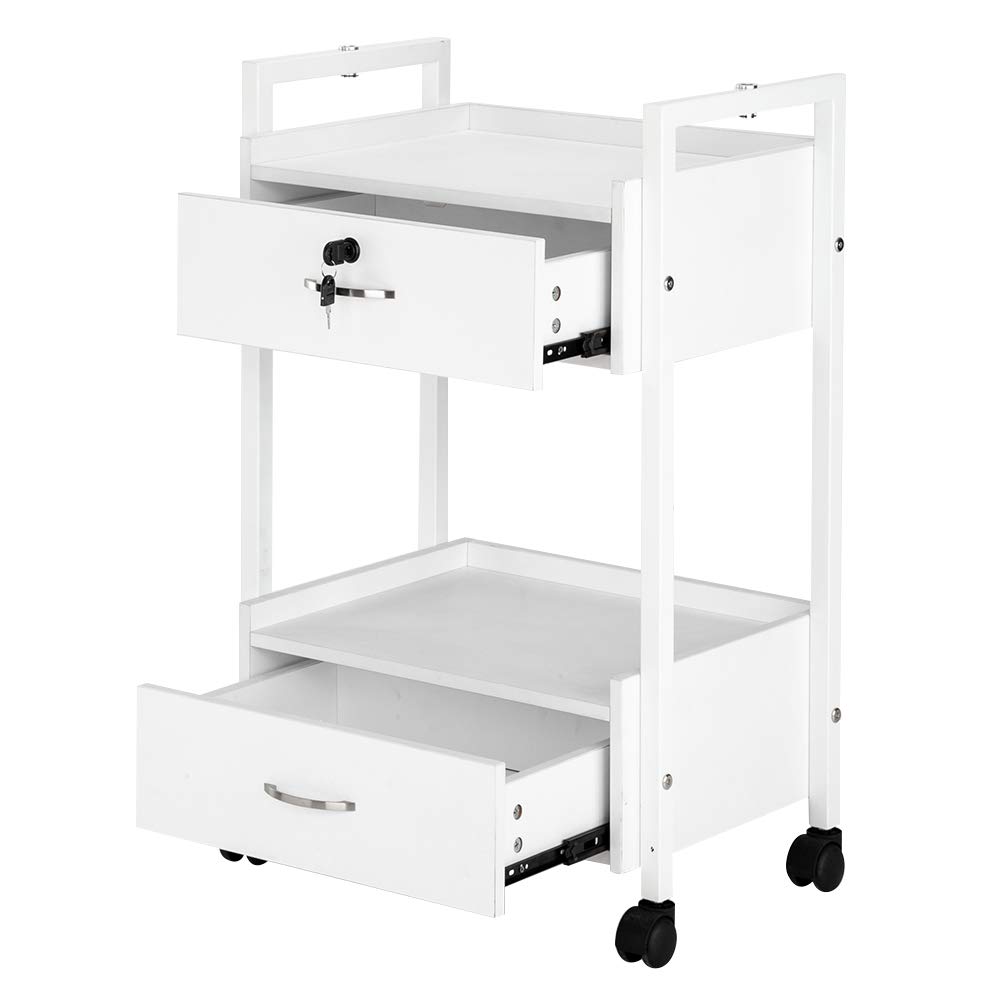 Mefeir Salon Trolley Cart for Beauty SPA, Wooden Rolling Storage Station, White Mobile Utility Cabinet with 2 Drawers 1 Lockable, Medical Esthetic Supply Holder for Massage Tattoo Facials : Beauty & Personal Care