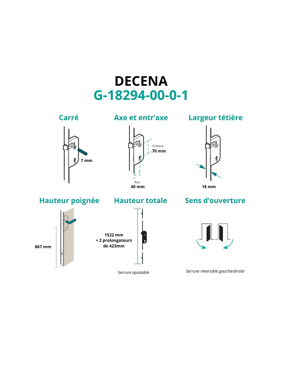 FERCO by THIRARD - Caja de Cerradura Embutida Decena con Cilindro para Puerta de Madera - Ajustable - Eje 40 mm - 2 Puntos - Cierre por Elevación - Frente 18 mm - Reversible - Gris