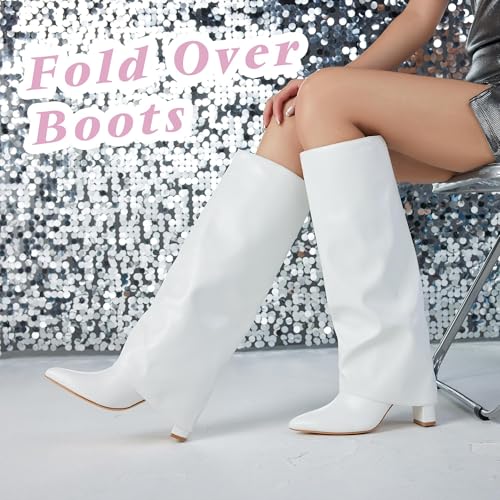 Putu Fold Over Boots for Women Knee High Boots Chunky High Heel Tall Boots with Pointed Toe2