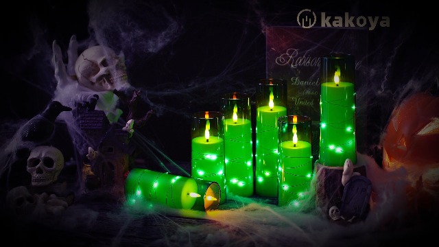 Image of kakoya Flameless LED Candles with Timer 5 Pc Flickering Flameless Candles for Romantic Ambiance and Home Decoration Stable Acrylic Shell,with Embedded Star String,Battery Operated Candles(Green)