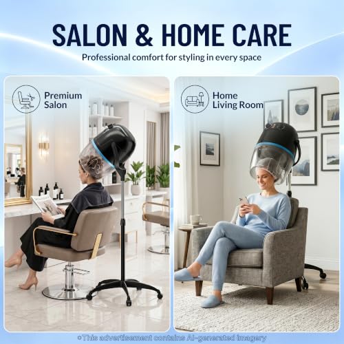 Image of ZENY Professional Stand Up Hair Dryer, 1300W Bonnet Dryer Adjustable Height | Stand Up, Rolling Wheels, Adjustable Time and Temperature Setting, Low Noise