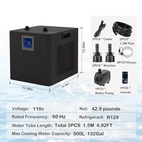 Image of 132 Gallon Aquarium Chiller,LED Display Fish Tank Chiller, 1 /2 HP Active Aqua Chiller for Axolotl, Water Chiller with Pump, Nozzles and Hoops Ideal for Coral Reef Shrimp