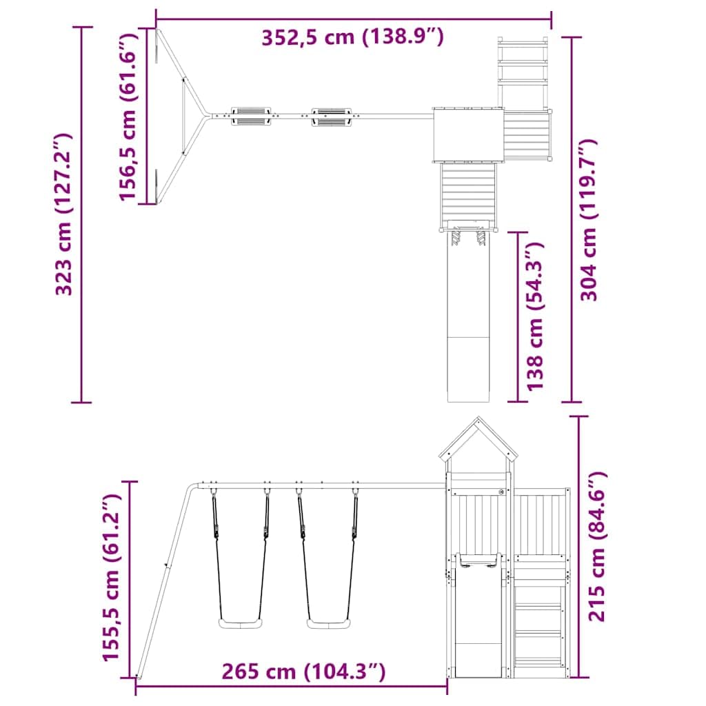 Wieża do zabawy z litego drewna daglezji z platformą 90 cm, zjeżdżalnia falista, podwójna huśtawka, drabina i piaskownica do ogrodu, na podwórko i taras, zabawka ogrodowa dla dzieci w wieku