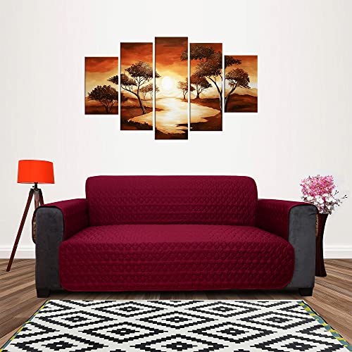 Image of DREAM KING 3 Layers Reversible Sofa Cover Polyester 4 Seater Quilted Sofa Cover with Side Pockets Beige & Maroon