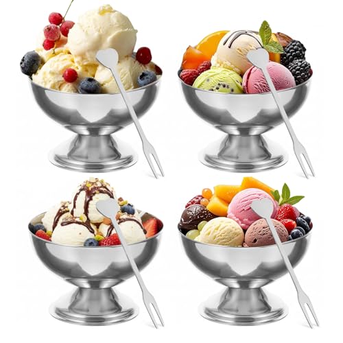 Lot de 4 Inox Coupe à Glace - 200ml Bol à Crème Glacée Coupelle Dessert avec fourchette en Acier Inoxydable Coupe à Crème de Yaourt Bols à Dessert Verre...