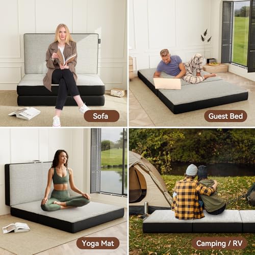 Image of ROXGOX Memory Foam Trifold Mattress, 6 Inch King Foldable Mattress, Portable Floor Bed with Washable Cover, Handle & Non-Slip Bottom, for RV, Travel, Camping, Yoga, 80 inchx76 inchx6 inch