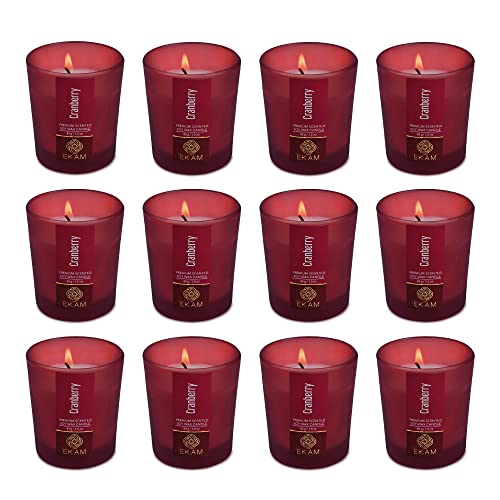Image of EKAM Cranberry Votive Soy Wax Scented Candle, 40 Grams, 10 Hours Burn Time| Long Lasting Premium Candles | Ideal for Home Decor | Gifting & Aromatherapy (Pack of 12)